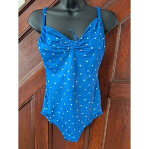 Vintage Sears Roebuck Blue Polka Dot Swimsuit  Ruched Front Cross Back Size 12